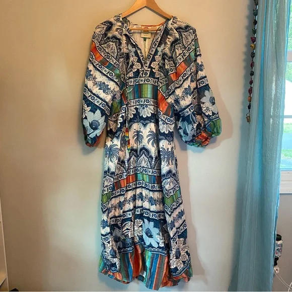 FARM RIO BLUE PALMS BALLOON SLEEVE DRESS SIZE MEDIUM NEW with TAGS - Picture 2 of 16